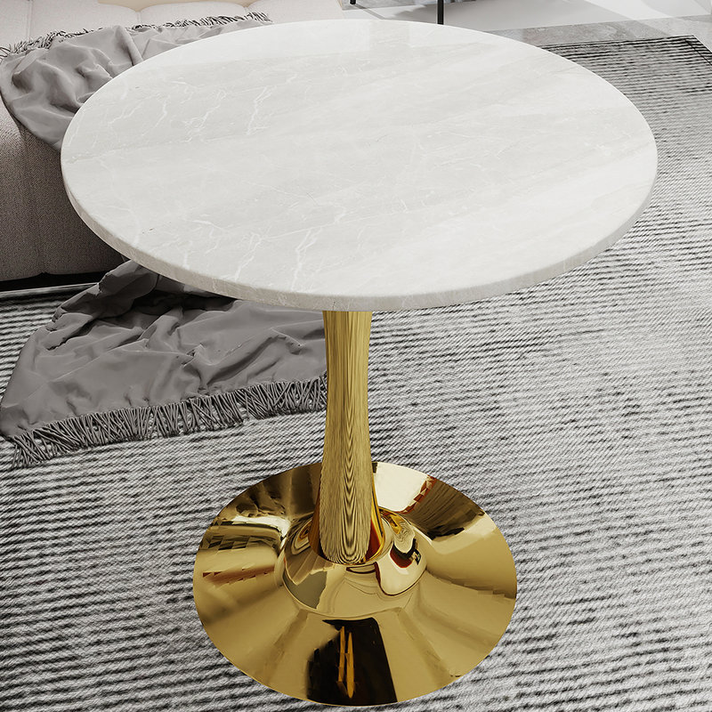 Marble-Top Round Side Table with Tapered Pedestal Base, Ideal for Living Room, Modern Minimalist Design, Gold, Beige