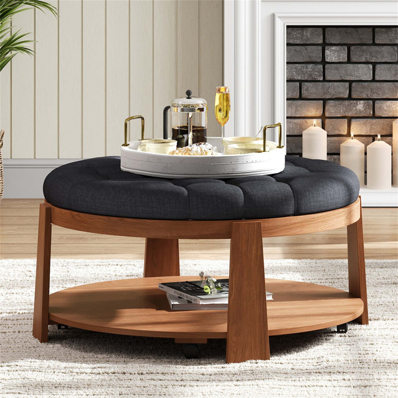 Versatile Tufted Ottoman Coffee Table with Shelf and Wheels for Living Room, Black/Brown