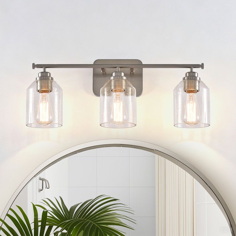 22" W Modern 3-Light Brushed Nickel Dimmable Bathroom Vanity Light With Seeded Glass Shade