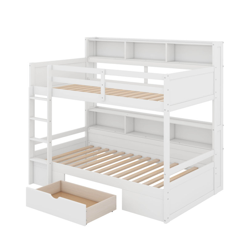 Bunk Bed With Built-In Shelves Beside Both Upper And Down Bed And Storage Drawer, White
