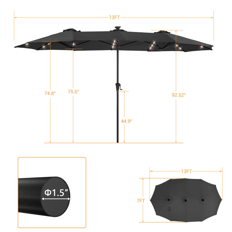 Parasol à double face 13 po x 7,2 pi à énergie solaire avec grand auvent, Noir, noir, noir, noir