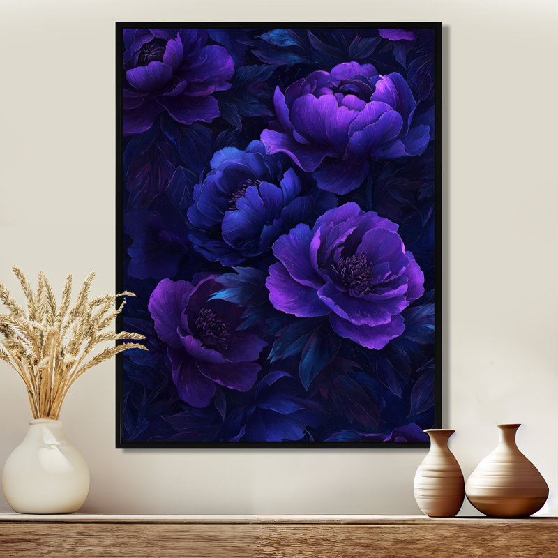 Mauve, pivoines et fleurs de minuit - impressions sur toile, H 20 po x l 12 po, Reproduction avec cadre flottant, Noir