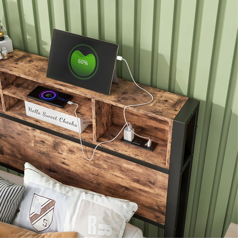 Structure de lit simple avec tête de lit, lit plateforme en métal avec station de charge, rangement pour bibliothèque, assemblage facile