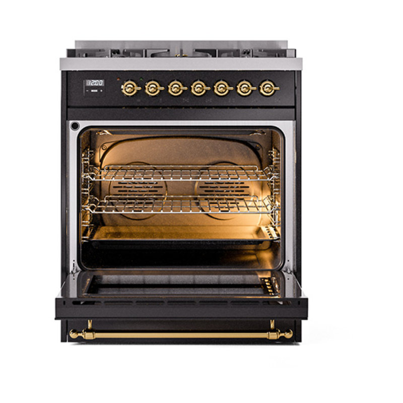 ILVE Nostalgie II Noblesse 30 in Dual Fuel Range, Natural Gas, Glossy Black/Brass