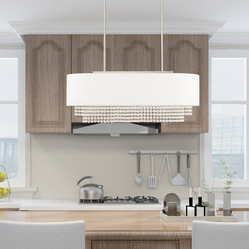 Claudelle 3 - Light Dimmable Kitchen Island Square / Rectangle Chandelier, Brushed Nickel, Off White