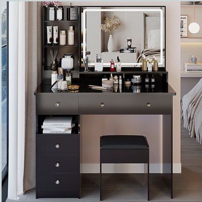 41" Large Size Left Drawer Desktop Vanity Table+Cushioned Stool, Extra Large Touch Control LED Mirror, 3-color Switch, Multi Layer High Capacity Storage Fashionable Dresser, Suitable For Large Space