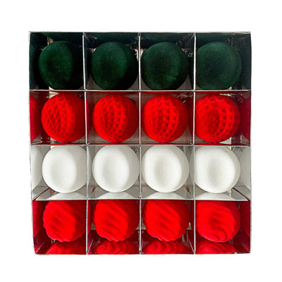 16 pièces / boîte Ensemble de boules d'arbre de Noël en flocons Pendentif de Noël en velours Boules suspendues arbre de Noël Nouvel An Fête Boules en peluche décor 6 cm / 2,36 pouces, p