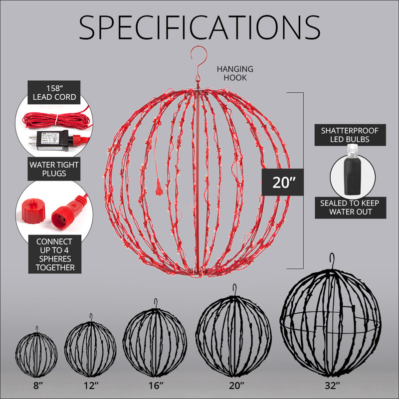 Fold-Flat LED Metal Lighted Outdoor Decoration, 20" H x 20" W x 20" D, Red