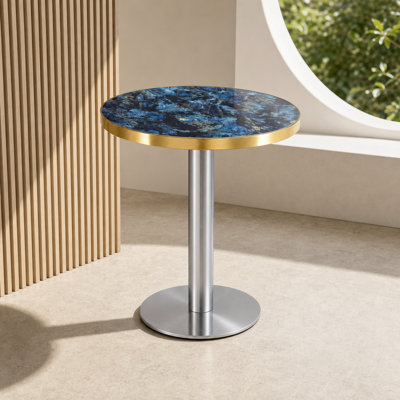 23.36" Dia Round Table, Blue Marble Texture MDF Top with Gold Stainless Steel Edge, Silver Metal Pedestal Base, Modern Light Luxury Side & Dining Table