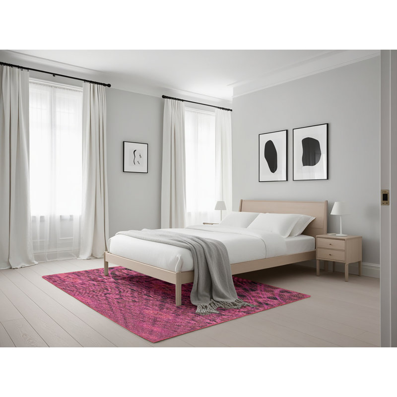 Laine tissée à la machine abstraite et rose polyester Tapis décoratif, Rectangle 5 pi x 7 pi