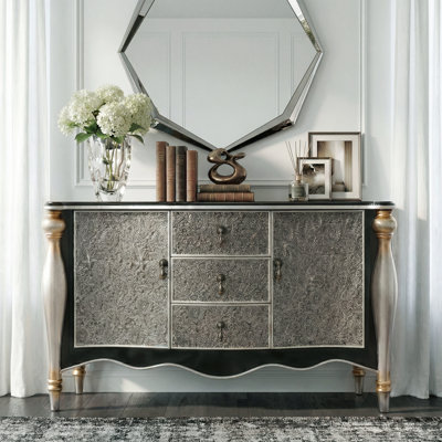 56.7" European Glam Sideboard Cabinet With Hand-Carved Floral Panels And Champagne Silver Leaf Finish