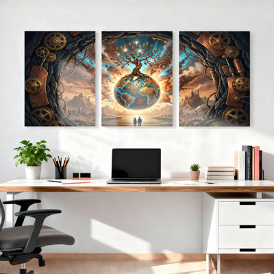 Steampunk Tree Of Life Earth Globe Canvas Wrapped Wall Art Oil Painting Print Set Of 3 For Living Room Bedroom Home Decor
