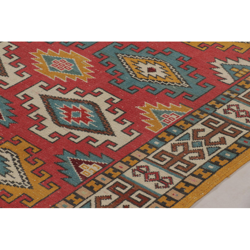 Vintage Oushak Rug In Red With Bold, Colorful Geometric Patterns - Rug & Kilim
