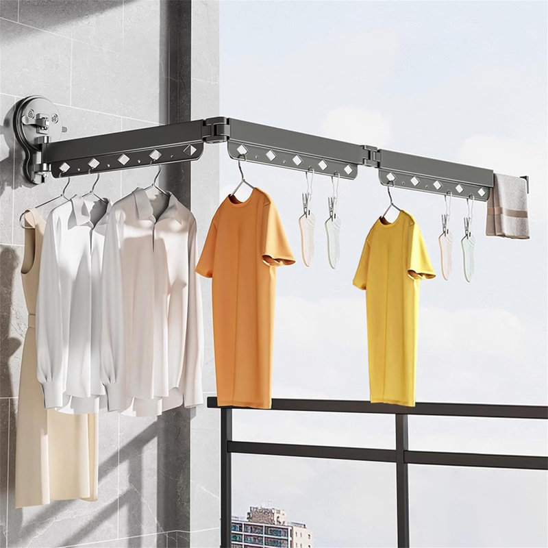 Séchoir à vêtements à ventouse - pliable fixé au mur avec pinces