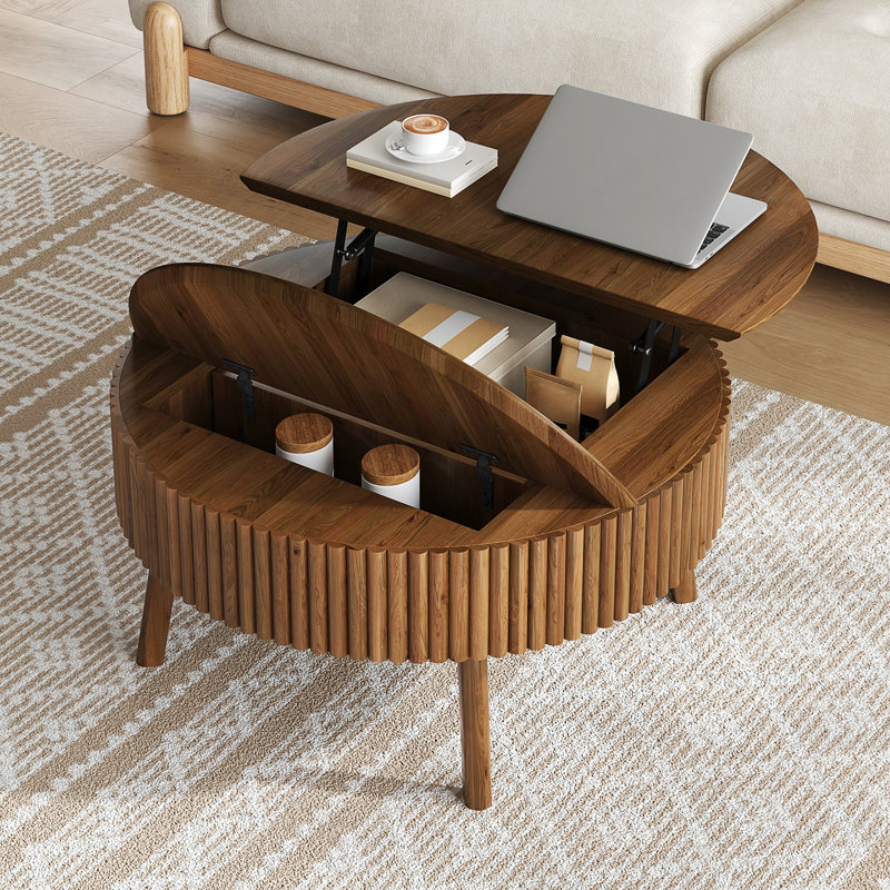 Table basse moderne à plateau relevable avec rangement dissimulé et design cannelé