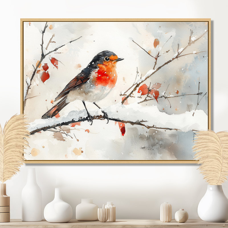 Oiseau Robin sur une branche enneigée I - oiseau, art mural, H 12 po x l 20 po, Cadre flottant, Noir