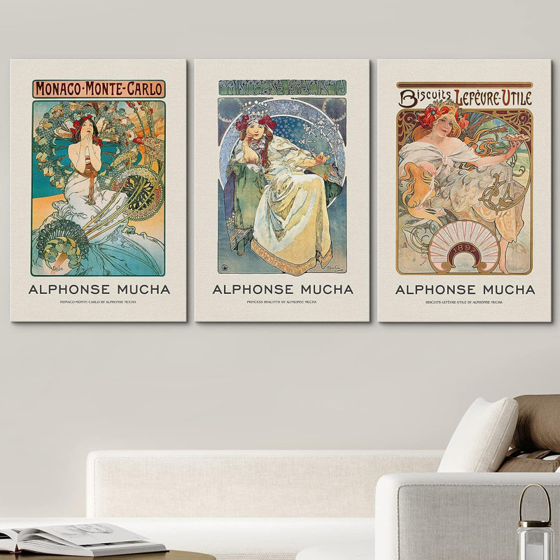 Œuvre d'art classique classique, femmes, 3 pièces, Alphonse Mucha Nouveau, H 36 po x l 24 po x P 1,5 po, Toile tendue