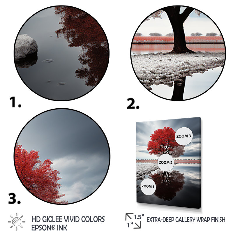 Lucuss " Monochrome Red And Grey Tree Solitude II ", Black Picture Framed, 20" H x 12" W x 1" D