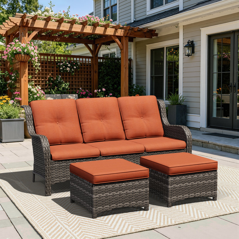 73'' Wide Wicker Patio Sofa with Cushions, Orange