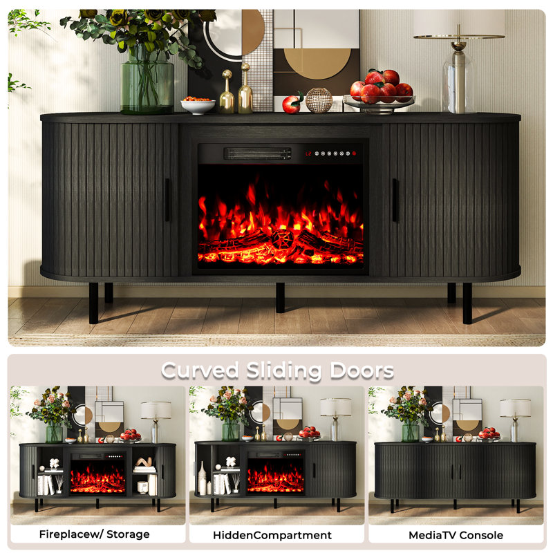 65" Modern Fireplace Tv Stand For Tvs Up To 75'', Fluted Entertainment Center With Electric Fireplace, Media Console Cabinet For Living Room