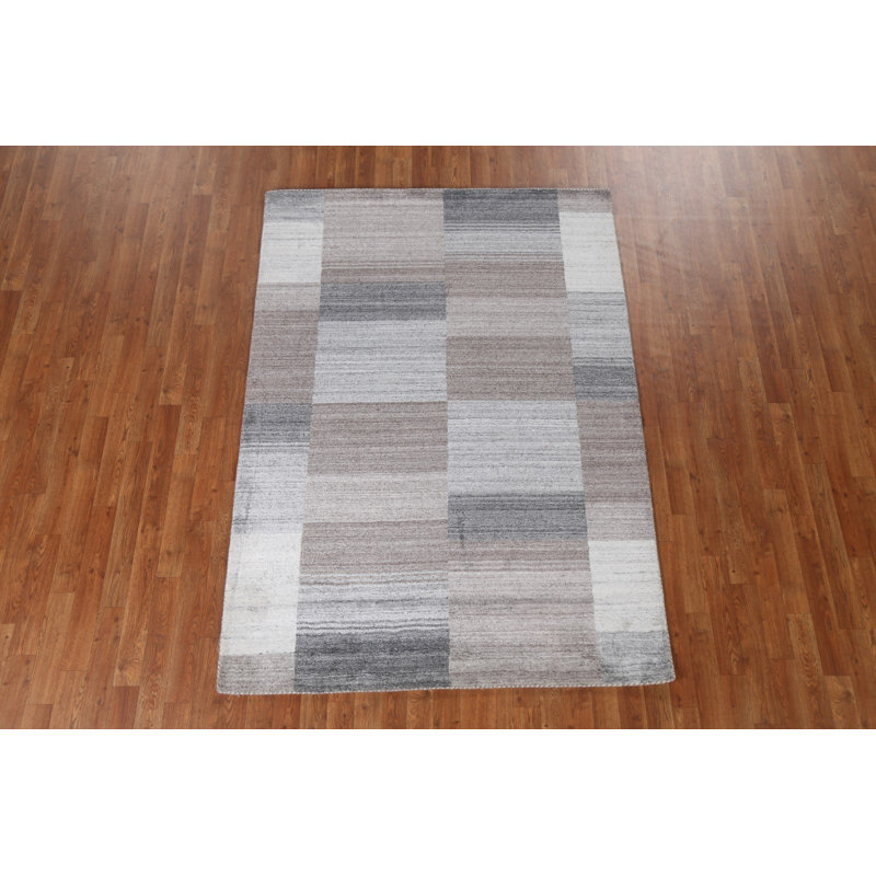 Tapis brun / ivoire / gris en laine noué à la main de conception unique 4 pi 9 po x 6 pi 9 po