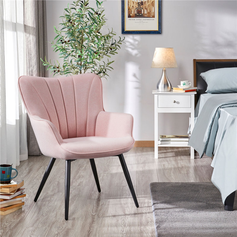 Bakhyt 25" Wide Upholstered Curved Back Armchair, Pink Linen, Black