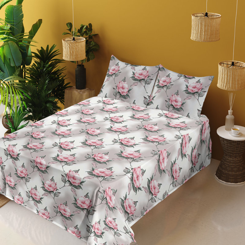 Ambesonne Watercolor Botany Sheet Set 4 Pcs Retro Boho Bloom, Pale Pink Laurel Dark Green Floral