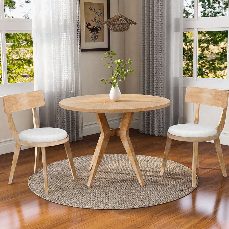 Ensemble de 2 chaises de salle à manger rembourrées modernes, bois d'hévéa, naturel et beige