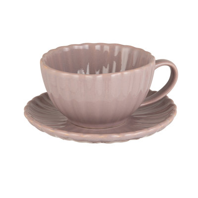Stoneware Ribbed Mug With Saucer In Reactive Glaze
