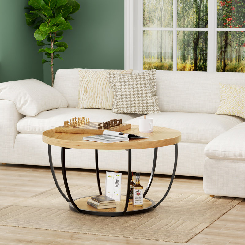 Modern 2-tier Round Coffee Table - Space-saving Accent Table For Living Rooms & Apartments, Beige