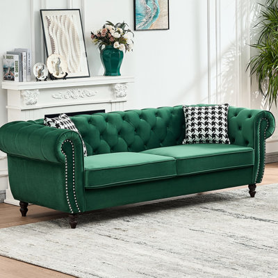 85" Velvet Upholstered 3 , Mid Century Modern Couch For Office, Apartment, Solid Wood Frame, High Foam + Spring Packs, Medium-soft Seat 85-inch With Rolled Arms And Nailhead, Design Soft Velvet,
