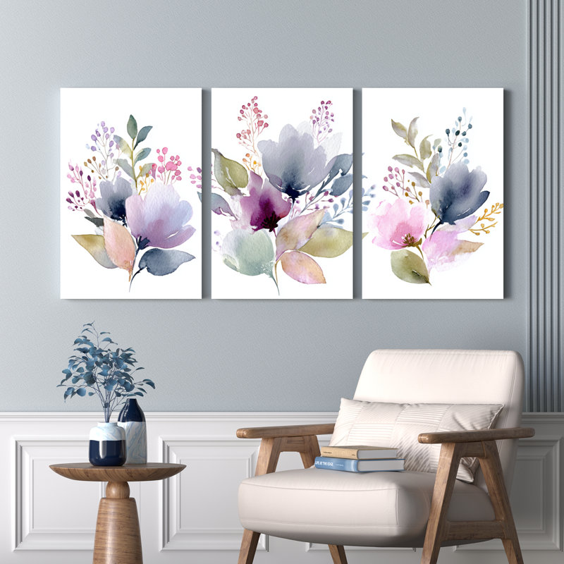 Aquarelle, bouquet de fleurs et toile tendue sur toile, ensemble de 3 décorations pour salon, H 18 po x l 36 po