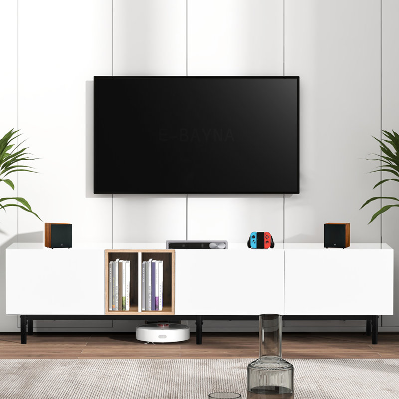 Modern White Entertainment Centre For 80" Tv, Concealed Storage To Maximize Space Hide Your Clutter, White
