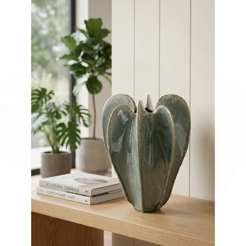 D11.6x15.7" Sculptural Cactus Vase - Sage Green Ribbed Ceramic Flower Urn