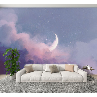 Dreamy Peel and Stick Wallpaper Soft Glow Stars Moon Canvas Decor Wall Murals 100"H x 144"W Removable PVC Wall Paper Self-Adhesive Wall Decor for Bedroom Living Room Home Nursery