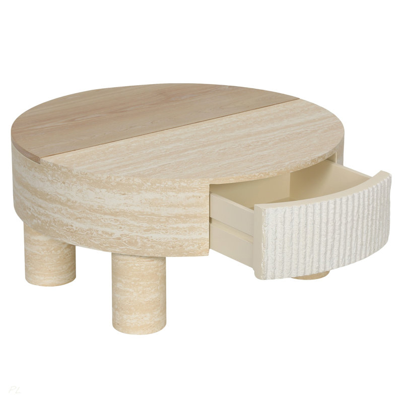 Table basse ronde avec plateau rabattable et compartiment de rangement caché