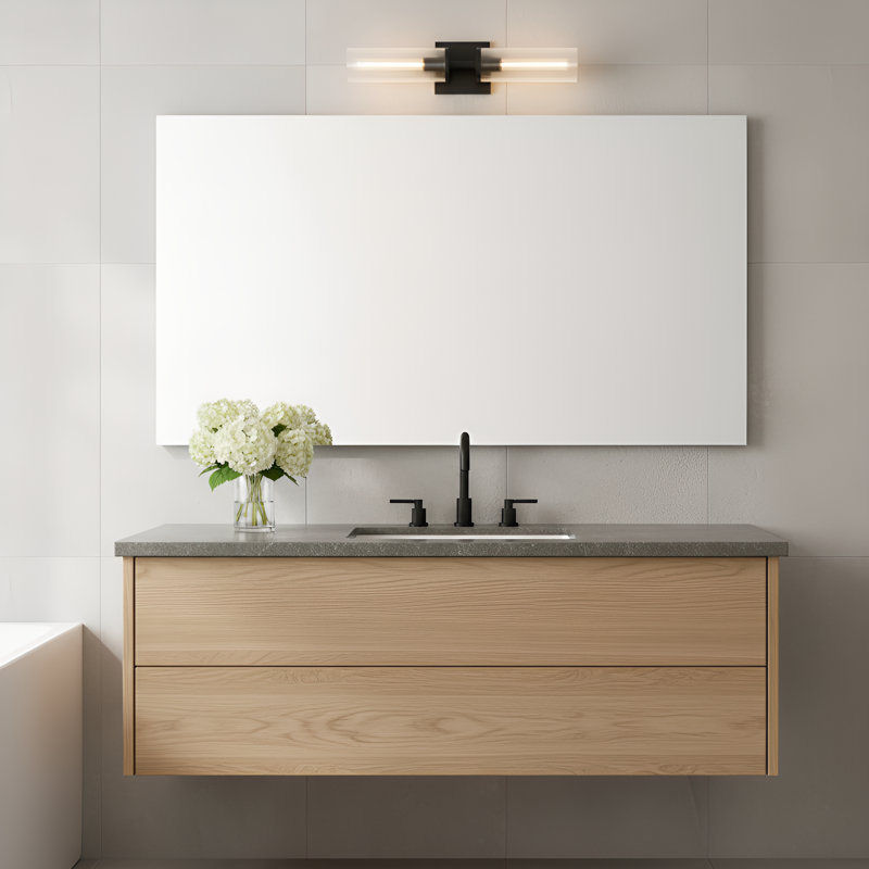 Applique murale de salle de bain 2 lumières Sarita au fini noir minuit avec abat-jour côtelé transparent, Nuit noire