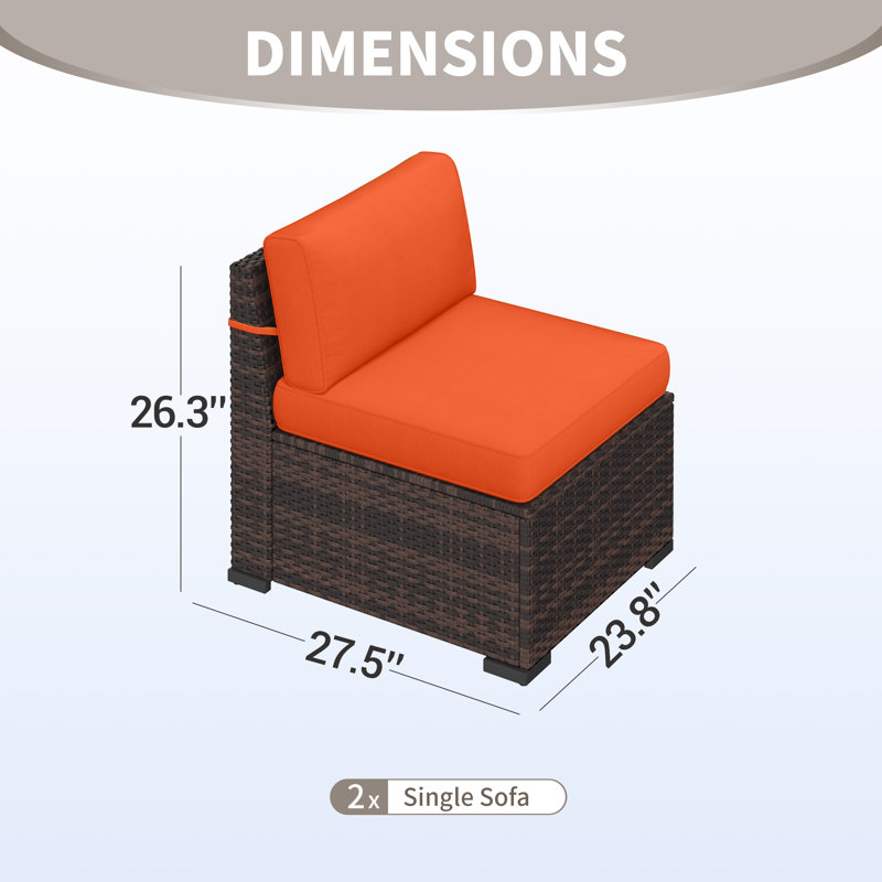 Yentin 24" Outdoor Wicker Patio Armless Modular Chair With Cushion  (Set of 2), Orange