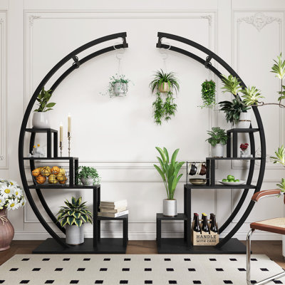 5-Tier Half Moon Plant Stand with Hooks, 56" Tall Metal & Wood Corner Shelf, Freestanding Flower Rack for Indoor Outdoor Garden & Living Room, Black