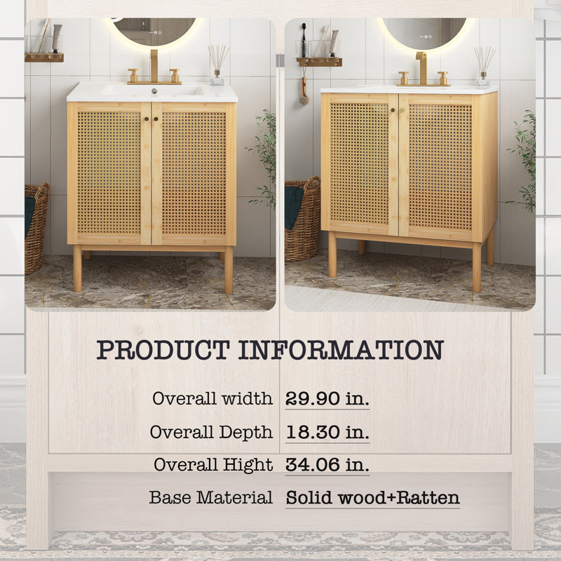 Meuble-lavabo de 30 pouces de couleur bois naturel fabriqué à partir de matériaux naturels, avec portes en rotin faites à la main à fermeture douce
