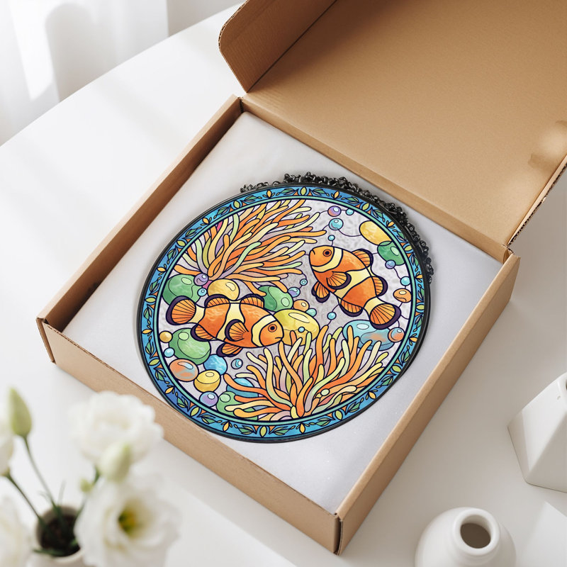 Panneau de vitrail en verre coloré corail Clownfish H 12 po, H 12 po