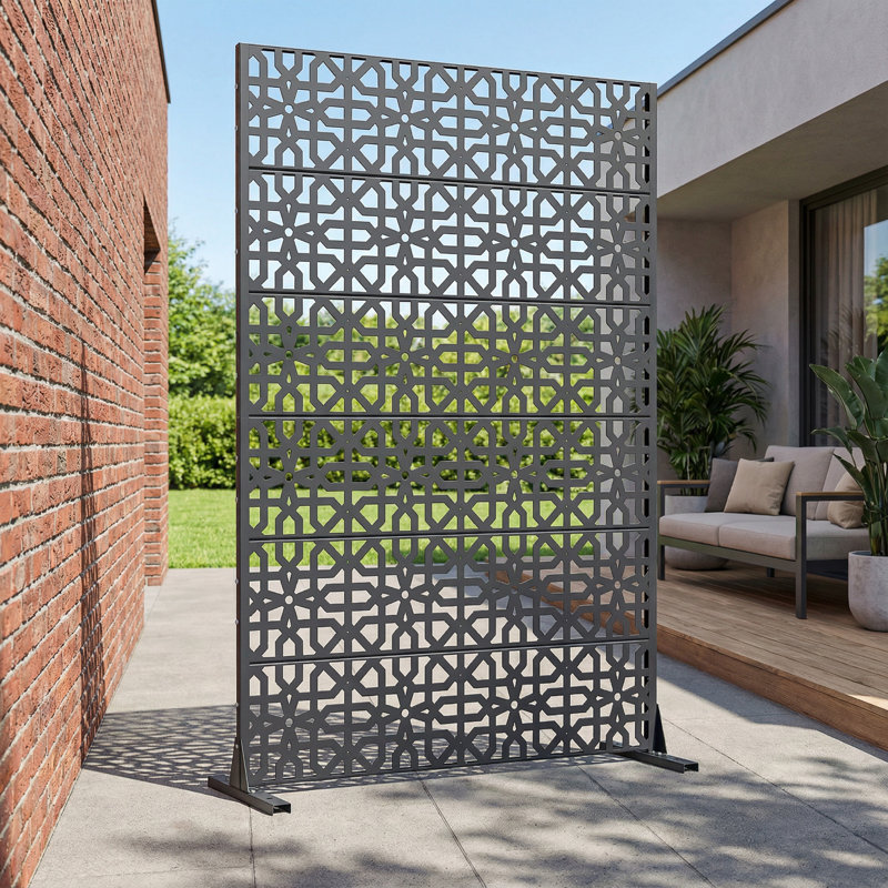 Panneau de clôture d'intimité en métal avec motif élégant, Gris Pierre, H 72 po x l 47 po x P 16 po