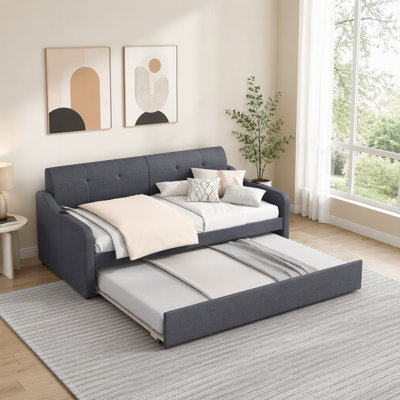 Twin Size Upholstery DayBed with Trundle and USB Charging Design, Trundle can be flat or erected