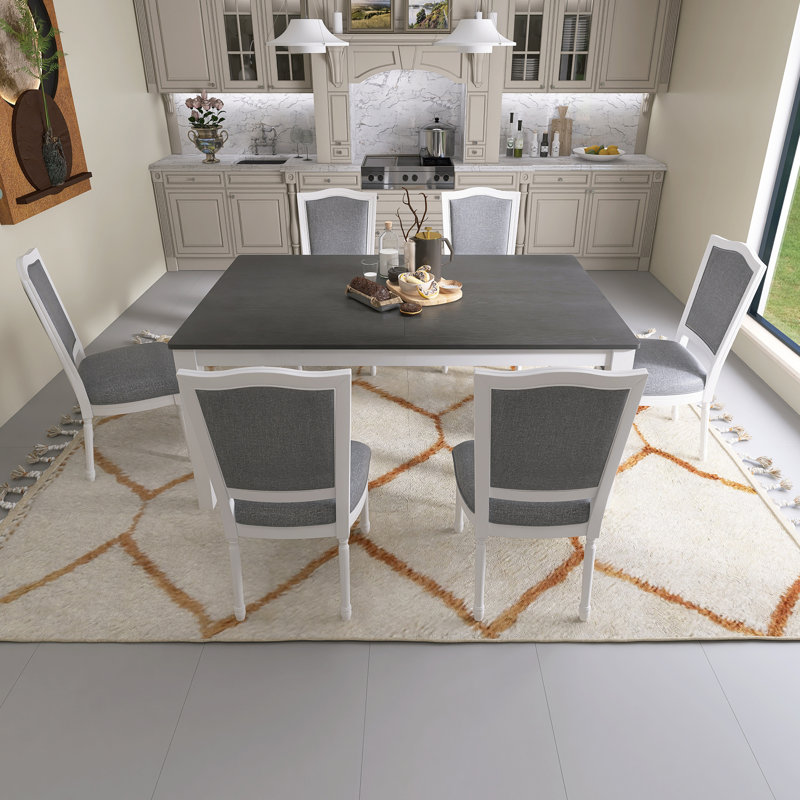 Ensemble de table de salle à manger extensible gris foncé et blanc 7 pièces 78,1 pouces avec rallonge amovible de 18 pouces, 6 chaises de salle à manger rembourrées, 2 tiroirs intégrés
