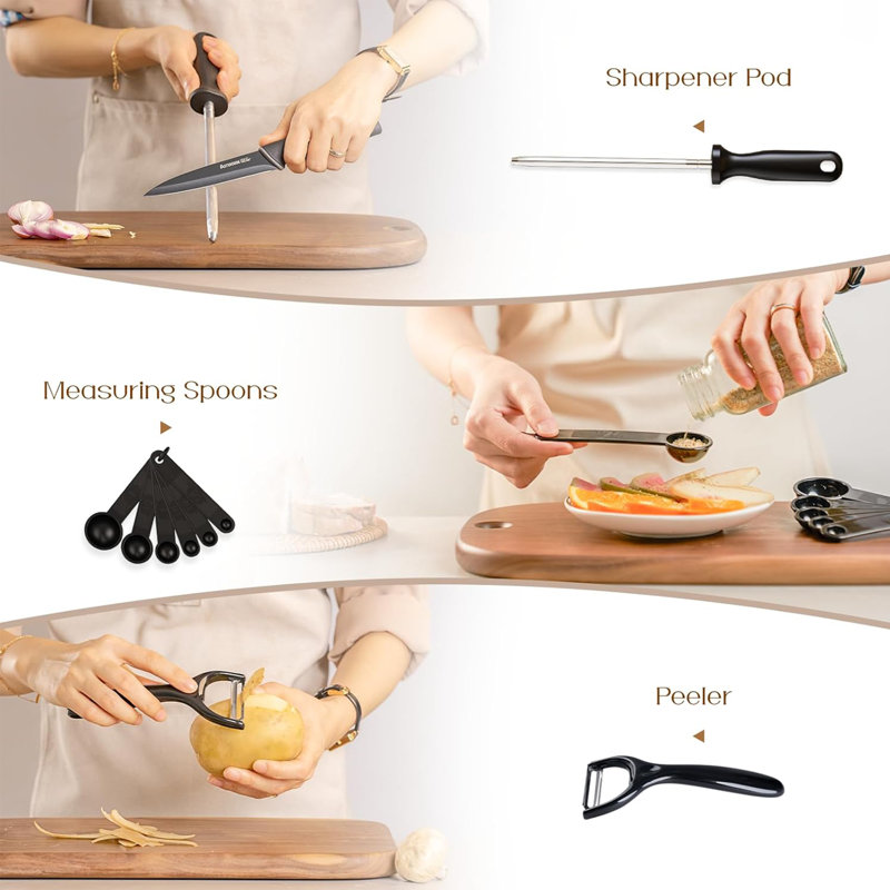 16 Pcs Kitchen Knife Set, Stainless Steel, Rust Resistant, Black