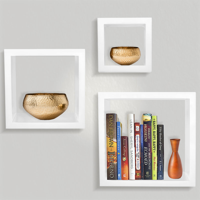 White Faux Wood Floating Cube Wall Shelves Set