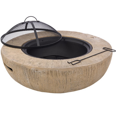 27.76” Outdoor Fire Pit with Faux Wood Look - Outdoor Firepit Includes Spark Cover, Log Grate, Poker, and Cover - Durable Magnesium Oxide Bonfire for Patio Decor, Backyard, Gray