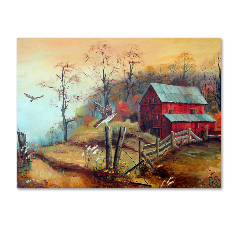 «The Red Barn And The Hawk» par Dugazon, reproduction sur toile tendue, H 18 po x l 24 po