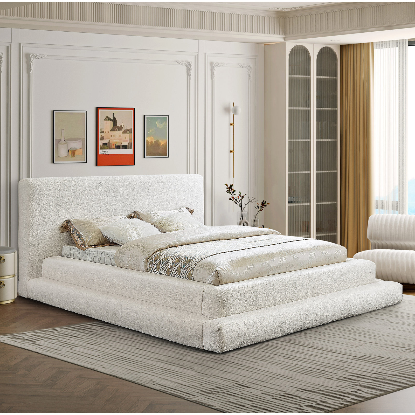 Hoffarth Upholstered Bed, Full/Double, Cream Faux Shearling Teddy Fabric