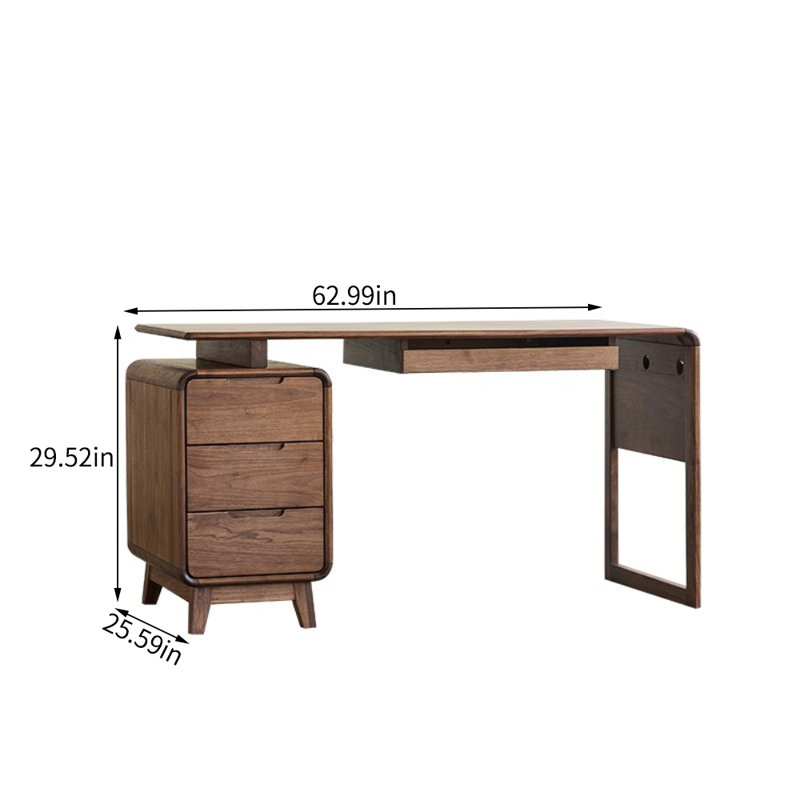 Modern Walnut Rectangular Nutbrown Solid Wood Desk, 29.52" H x 62.99" W x 25.59" D
